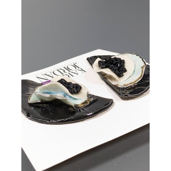 Vintage Karla Jordan Black White Blue Crescent Porcelain 3D Pierced Earrings - Picture 6 of 8